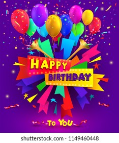 Happy birthday typography design for greeting poster and cards with balloon, confetti and gift box, design template for birthday celebration. Vector illustration. Isolated on purple background