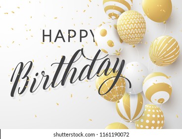 Happy birthday typography design for greeting card, poster or banner with realistic golden balloons,and falling confetti in celebration concept. Vector eps10.