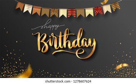 Happy Birthday typography design for greeting cards and invitation, with balloon, confetti and gift box, elegant design with gold and black color, design template for birthday celebration.