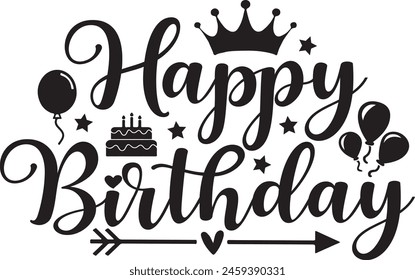 Happy Birthday typography design on plain white transparent isolated background for card, shirt, hoodie, sweatshirt, apparel, tag, mug, icon, poster or badge