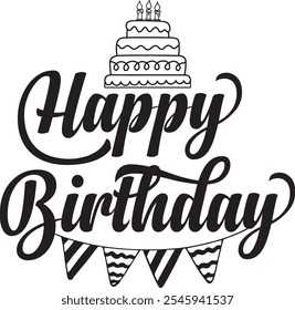 Happy Birthday typography design on plain white transparent isolated background for card, shirt, hoodie, sweatshirt, apparel, tag, mug, icon, poster or badge