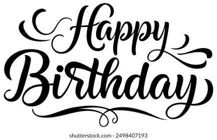 Vector de diseño de tipografía de feliz cumpleaños. Hermosa tarjeta de felicitación rayada caligrafía palabra de texto negro. Vector aislado de fondo blanco con letras de pincel moderno escrito a mano