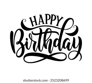 Happy birthday typography, elegant black script text on white background for party invitations, cards, posters, social media posts, and celebration designs