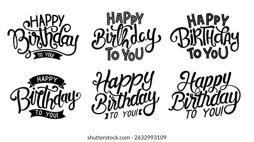 Happy birthday typography greeting clipart set. Birthday text calligraphy clip art in black handwriting, lettering and font graphic collection vector illustration. 

