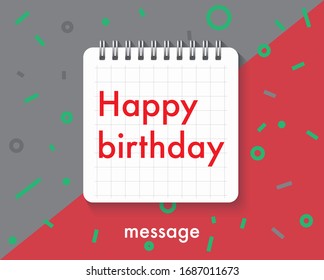 Happy Birthday typography message vector design of note pad style.