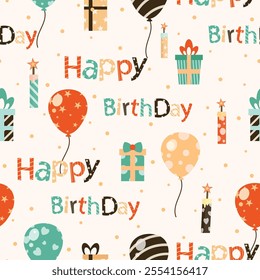Happy birthday typography seamless pattern, celebration gift vector illustration, gift, balloon, candle, typography, letters, stationery