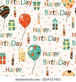 Happy birthday typography seamless pattern, celebration gift vector illustration, gift, balloon, candle, typography, letters, stationery, aesthetic