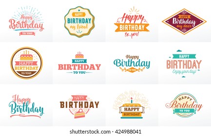 Happy Birthday typography set. Vector text design for greeting cards, print and cloths. Isolated lettering compositions, emblems.