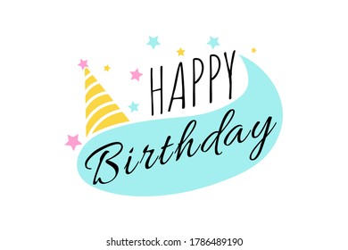 Happy birthday typography text brush pastel color party with party hat vector isolated on white background illustration