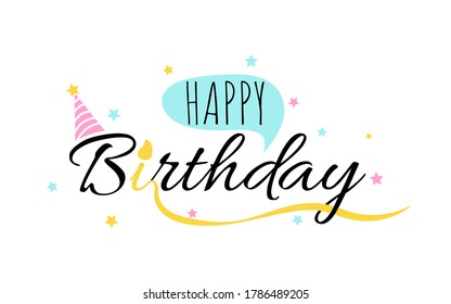 Happy birthday typography text brush pastel color with party hat and candle ribbon vector on white background illustration