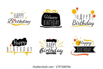 Happy birthday typography text set with ribbon, star, cake, candle and balloon decoration vector on white background illustration