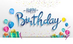Design De Vetor De Tipografia De Feliz Aniversário Para Cartões E Cartaz Com Balão, Confete E Caixa De Presente, Modelo De Design Para Comemoração De Aniversário.