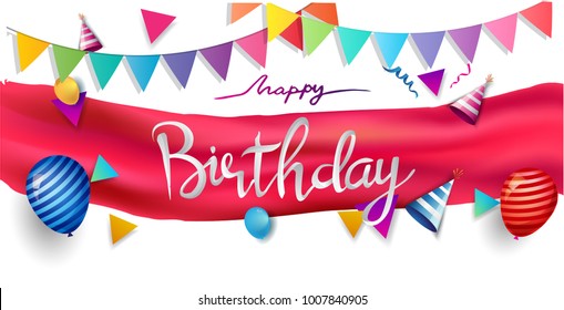 Happy Birthday typography vector design for greeting cards and poster with balloon, confetti and gift box, design template for birthday celebration.