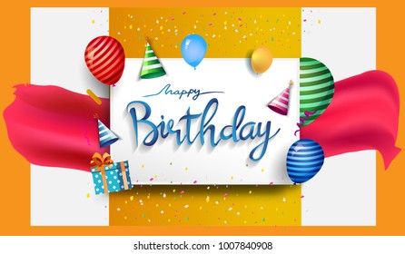 Happy Birthday typography vector design for greeting cards and poster with balloon, confetti and gift box, design template for birthday celebration.