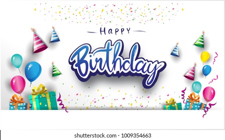 Happy Birthday typography vector design for greeting cards and poster with balloon, confetti and gift box, design template for birthday celebration.