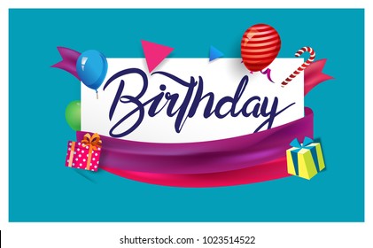 Happy Birthday typography vector design for greeting cards and poster with balloon, confetti and gift box, design template for birthday celebration.