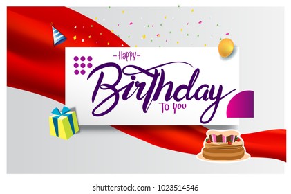Happy Birthday typography vector design for greeting cards and poster with balloon, confetti and gift box, design template for birthday celebration.