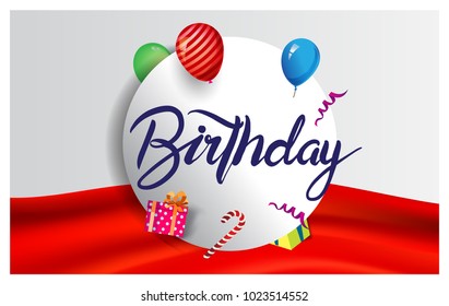 Happy Birthday typography vector design for greeting cards and poster with balloon, confetti and gift box, design template for birthday celebration.