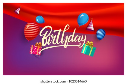 Happy Birthday typography vector design for greeting cards and poster with balloon, confetti and gift box, design template for birthday celebration.