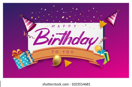 Happy Birthday typography vector design for greeting cards and poster with balloon, confetti and gift box, design template for birthday celebration.