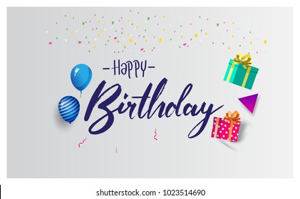 Happy Birthday typography vector design for greeting cards and poster with balloon, confetti and gift box, design template for birthday celebration.