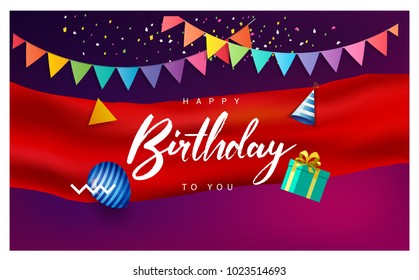 Happy Birthday typography vector design for greeting cards and poster with balloon, confetti and gift box, design template for birthday celebration.