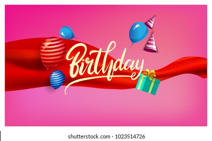 Happy Birthday typography vector design for greeting cards and poster with balloon, confetti and gift box, design template for birthday celebration.