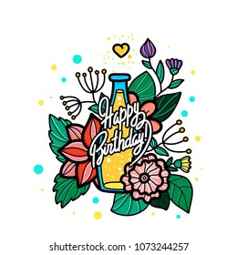 Happy Birthday typography vector design for greeting cards and poster with flower, bottle of champagne and heart, design template for birthday celebration.