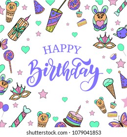 Happy Birthday typography vector design for greeting cards and balloon poster, cake, butterfly, heart , ice cream, design template for birthday celebration.