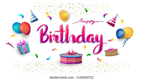 Happy Birthday typography vector design for greeting cards and poster with balloon, confetti and gift box, design template for birthday celebration.