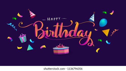 Happy Birthday typography vector design for greeting cards and poster with balloon, confetti and gift box, design template for birthday celebration.