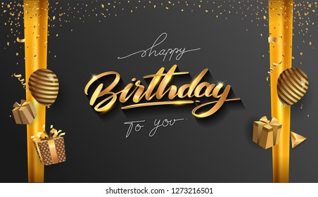 Happy Birthday typography vector design for greeting cards and poster with balloon, confetti and gift box, elegant design with gold and black color, design template for birthday celebration.