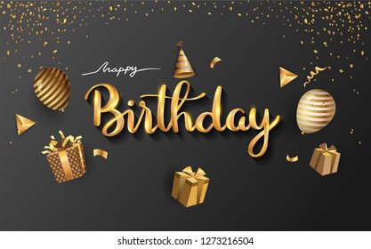 Happy Birthday typography vector design for greeting cards and poster with balloon, confetti and gift box, elegant design with gold and black color, design template for birthday celebration.