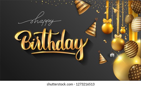 Happy Birthday typography vector design for greeting cards and poster with balloon, confetti and gift box, elegant design with gold and black color, design template for birthday celebration.