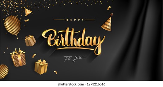 Happy Birthday typography vector design for greeting cards and poster with balloon, confetti and gift box, elegant design with gold and black color, design template for birthday celebration.