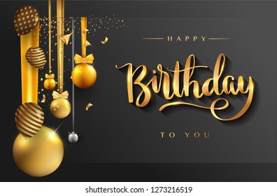 Happy Birthday typography vector design for greeting cards and poster with balloon, confetti and gift box, elegant design with gold and black color, design template for birthday celebration.