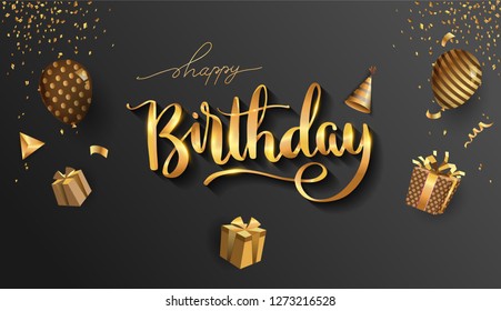 Happy Birthday typography vector design for greeting cards and poster with balloon, confetti and gift box, elegant design with gold and black color, design template for birthday celebration.