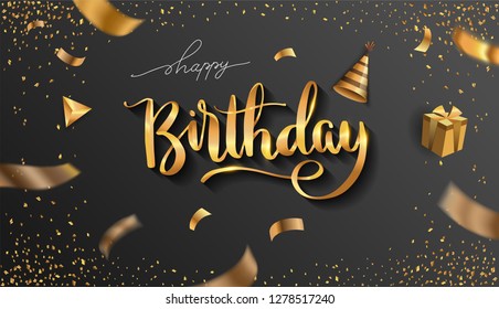 Happy Birthday typography vector design for greeting cards and invitation, with balloon, confetti and gift box, elegant design with gold and black color, design template for birthday celebration.