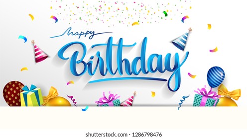 Happy Birthday typography vector design for greeting cards and poster with balloon, confetti and gift box, design template for birthday celebration. 