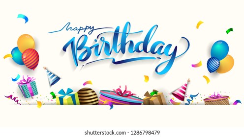 Happy Birthday typography vector design for greeting cards and poster with balloon, confetti and gift box, design template for birthday celebration. 