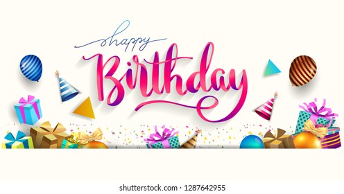 Happy Birthday typography vector design for greeting cards and poster with balloon, confetti and gift box, design template for birthday celebration. 