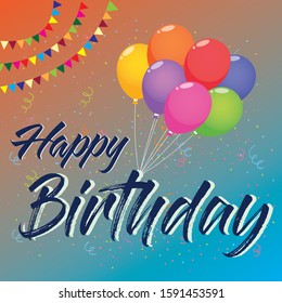 Happy Birthday typography vector design with balloon, confetti and colorful background