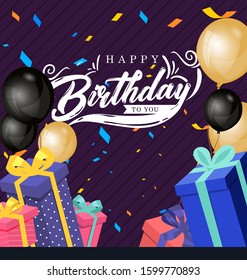 Happy Birthday typography vector design for greeting cards and poster with balloon, confetti and gift box, design template for birthday celebration