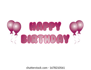 Feliz cumpleaños diseño vectorial de tipografía para tarjetas de felicitación y afiche con globo, confeti y caja de regalo, diseño de plantilla para celebración de cumpleaños color rosa sobre fondo blanco.