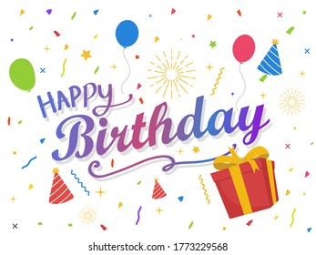 Happy Birthday typography vector design for greeting cards and poster with balloon, confetti and gift box, design template for birthday celebration.