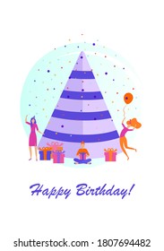 Diseño de vector de tipografía de cumpleaños feliz para tarjetas de felicitación y afiche con globo, confeti y caja de regalo, plantilla de diseño para celebración de cumpleaños. Gente pequeña y llana, amigo celebrando el día de nacimiento