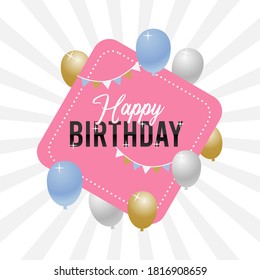 Happy Birthday typography vector design for greeting cards and poster with balloon, confetti and gift box, design template for birthday celebration.