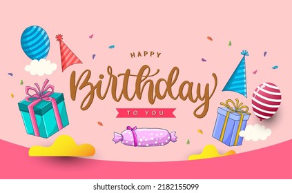 Happy Birthday typography vector design for greeting cards and poster with balloon, confetti and gift box, design template for birthday celebration.
