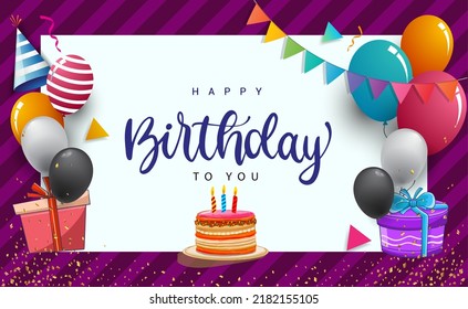 Happy Birthday typography vector design for greeting cards and poster with balloon, confetti and gift box, design template for birthday celebration.