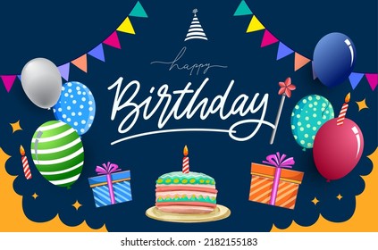 Happy Birthday typography vector design for greeting cards and poster with balloon, confetti and gift box, design template for birthday celebration.